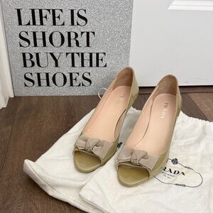 Prada Olive Green Peep-Toe Pumps with Beige Bow